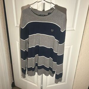 Men’s L Chaps Ralph Lauren Sweater Gray w/ Navy Stripes Cotton Heavy Cable Knit
